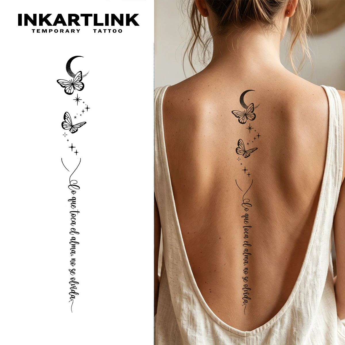 INKARTLINK 1 autocollant de tatouage temporaire pour femme – Design minimaliste papillon et lune – Imperméable – Convient pour le dos