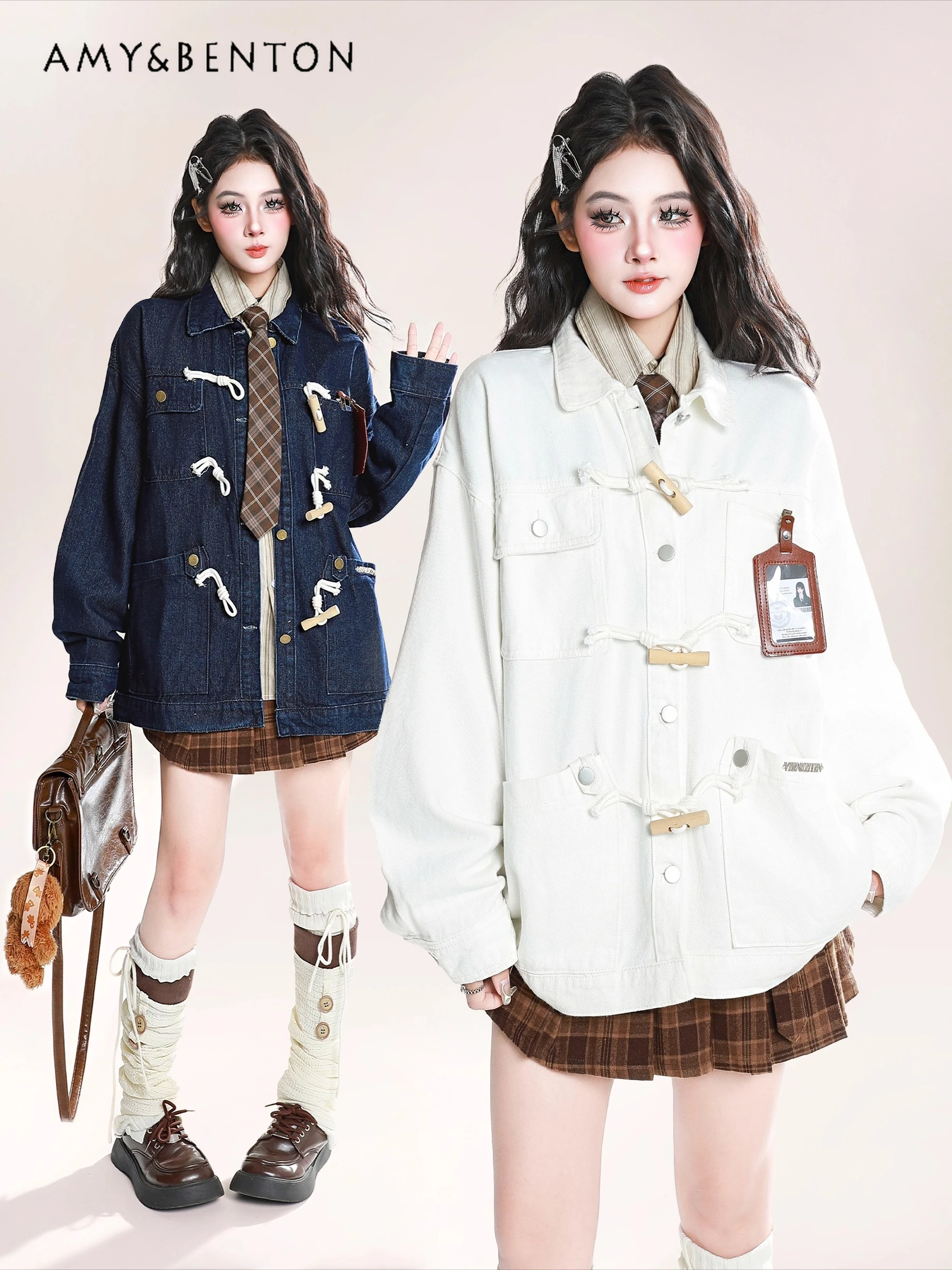 

2025 Spring and Autumn New Japanese Retro Style White Horn Button Denim Jacket College Style Casual Versatile Loose Blue Top