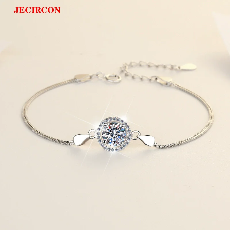 

JECIRCON Браслет из стерлингового серебра S925 с муассанитом, сверкающий камень круглой огранки 1 карат, регулируемая двойная коробка-цепочка для женщин