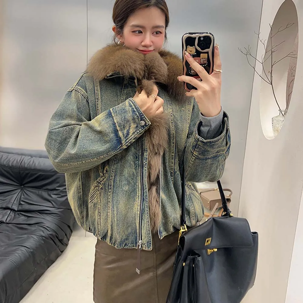 ملابس الخريف النسائية الجديدة معطف طويل الأكمام سترات الدنيم مع ياقة فرو الثعلب الحقيقي