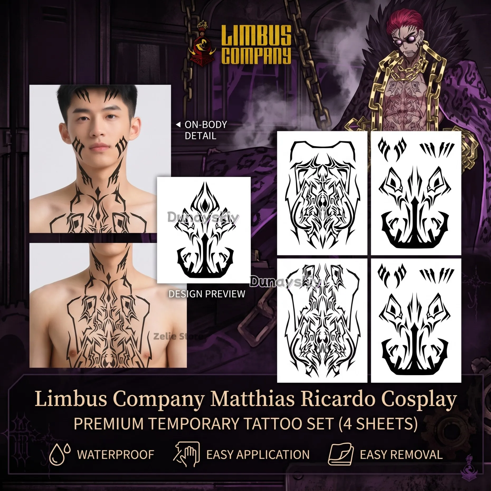 Anime Cosplay Face - Limbus Company Tattoo Stickers Custom Matthias