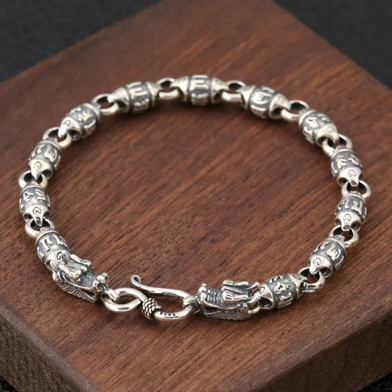 

Real Solid 925 Sterling Silver Chain Men Dragon Head 6mm Mantra Beads Link Bracelet 17g/21cm