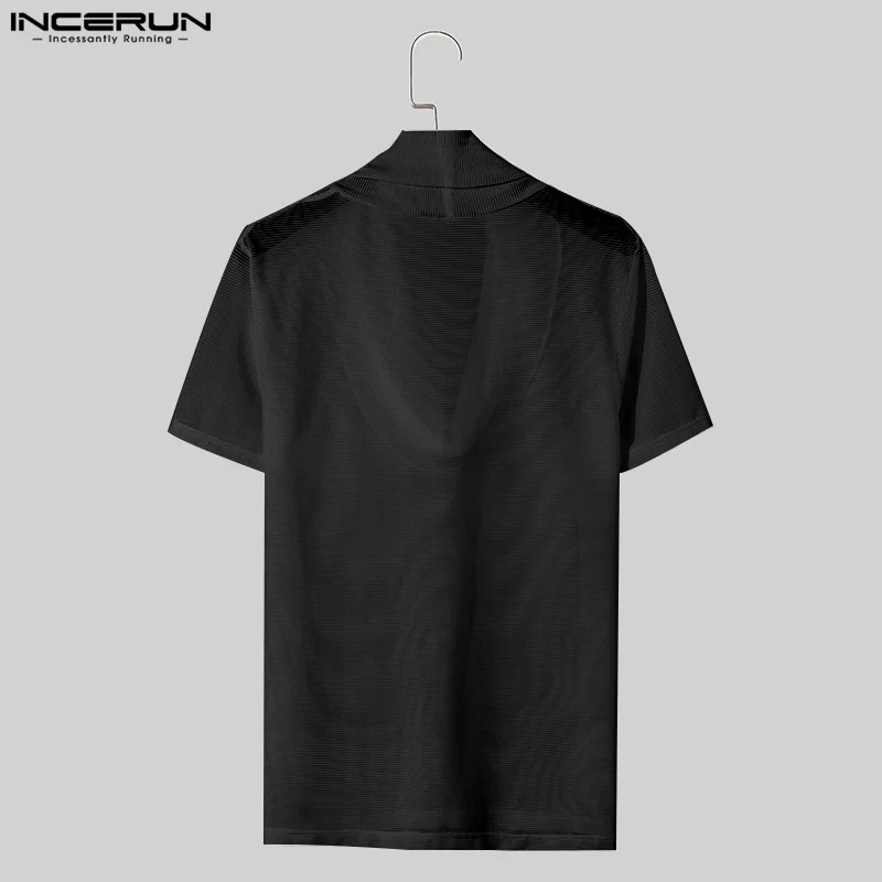 Fashion Well Fitting Tops INCERUN New Men\'s Pile Neck Hollow Perspective T-shirts Casual Sexy Thin Short Sleeved Camiseta S-5XL