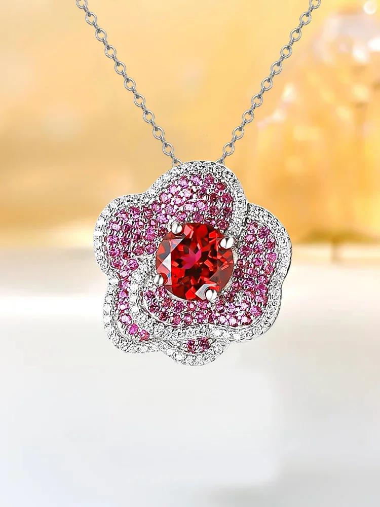 Exquisite Fashion Color Treasure Flower 925 Pure Silver Necklace with High Carbon Diamond Inlaid, niche retro high-end feeling