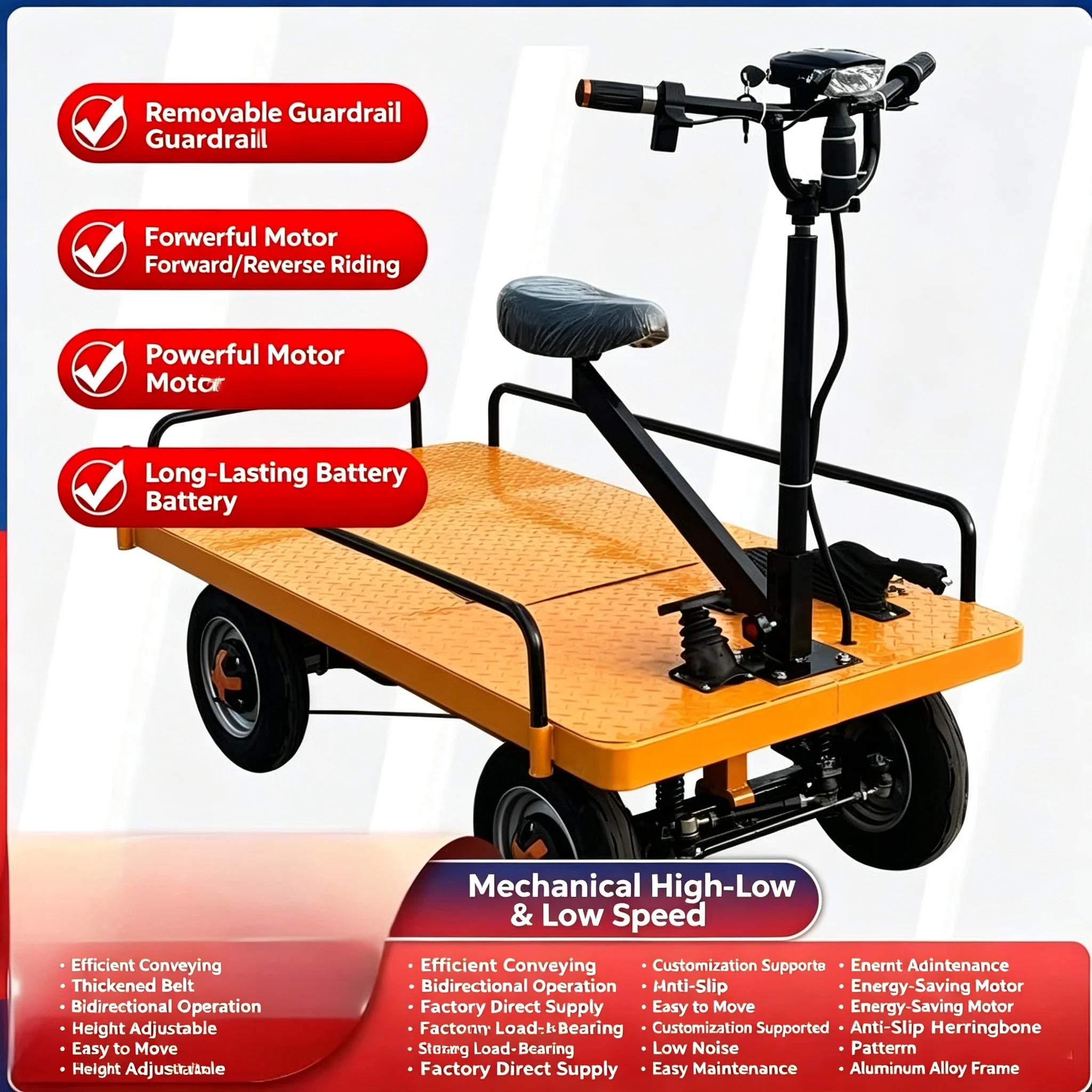Low Noise Energy Saving Electric Flatbed Truck 360° Rotatable Seat for Factory Workshop Cargo Handling