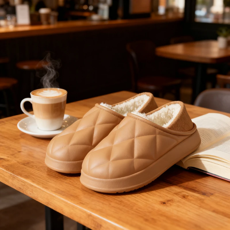 شبشب شتوي مريح للنساء مقاوم للماء من القطيفة للاستخدام الداخلي والخارجي وغير قابل للانزلاق، كعب دافئ ومضاد للرائحة، تصميم مريح