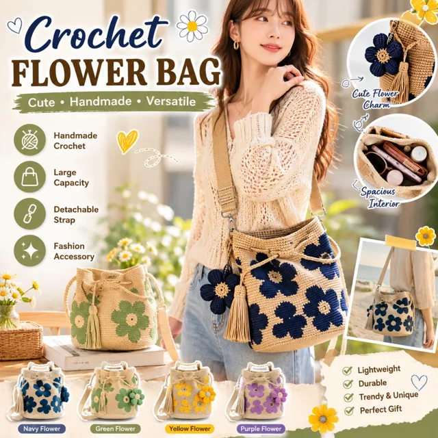 Bolso boho de mano con flores de crochet, tote grande