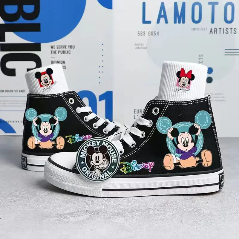 2024 Lente/Zomer Nieuwe Disney Mickey Gedrukt Canvas Schoenen voor Jongens Meisjes Handgeschilderde Sneakers Koreaanse Hoge Schoenen voor Vrouwen