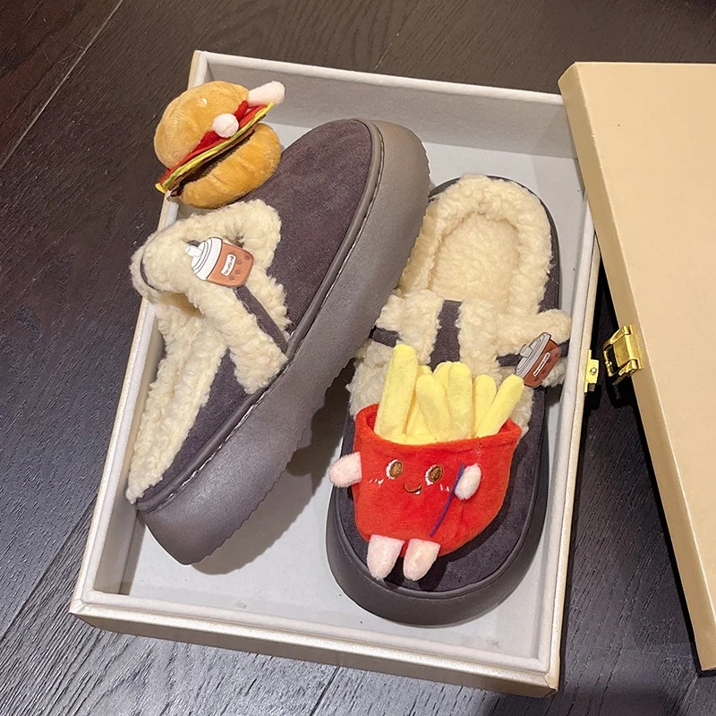 Burger French Fries Slippers Women Winter Indoor Home Warm Comfortable Cotton Shoes Outdoor Fashion Casual Shoes Christmas Gifts