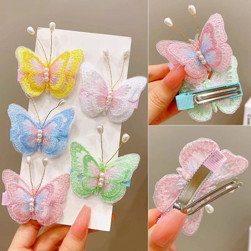 Borboleta bordada grampos de cabelo para meninas, grampos de cabelo arco, headwear DIY, grampos decorativos, acessórios para cabelo infantil, 1 par