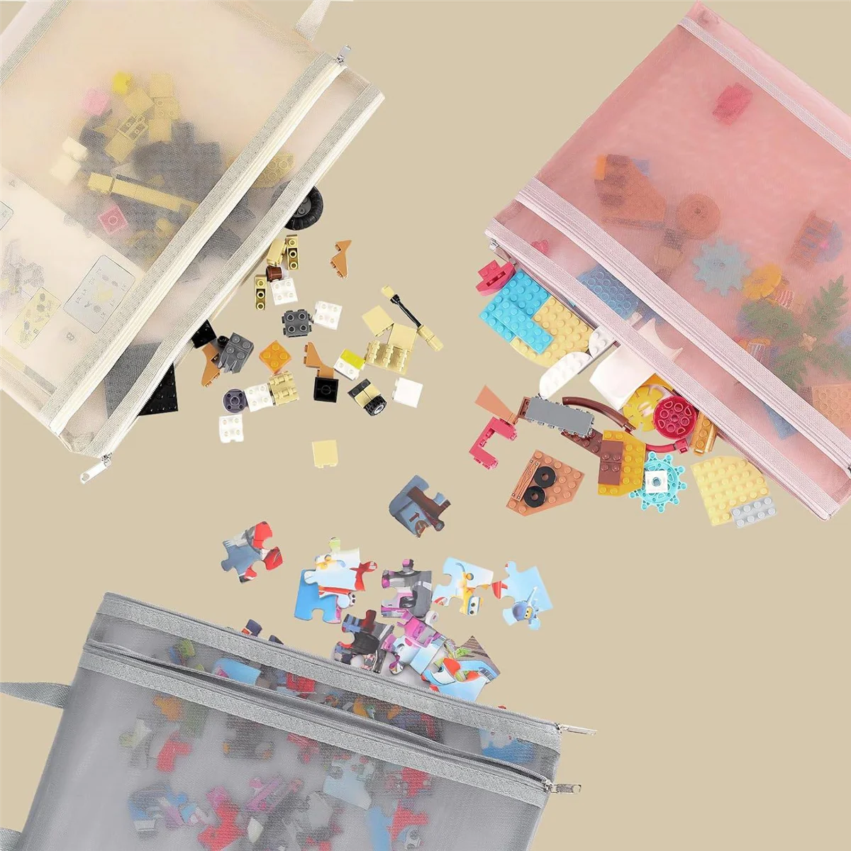 T69C 10 Pack Colored Double-Layer Mesh Zipper Pouch Bags, Building Block Sets Toy Storage & Organization 5Pcs A4+5Pcs A5