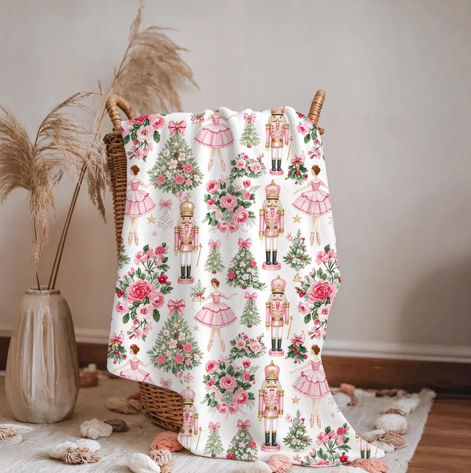 Pink Nutcracker Ballerina Christmas Throw Blanket, Delicate Floral Plush Holiday Decor, Soft Cozy Velvet Plush Couch Blanket, Elegant Festive Home Accent, Sweet Christmas Gift for Ballet and Nutcracker Lovers