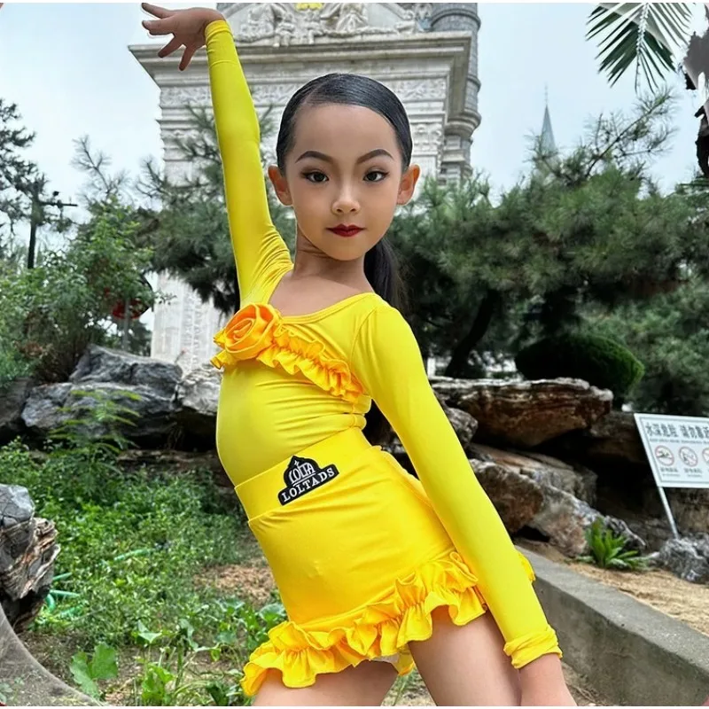 Theeper Spring Latin Dance Split Set Yellow Floral Long Sleeve Training Outfit Soft Stretch Breathable Competition Stage Attire