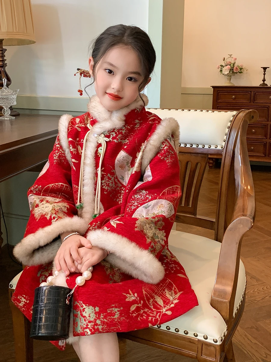 red-fce-lined-children's-dr-new-year-visiting-clothes-girls'-traditional-chinese-sle-long-sve-mid-length-a-line-skirt