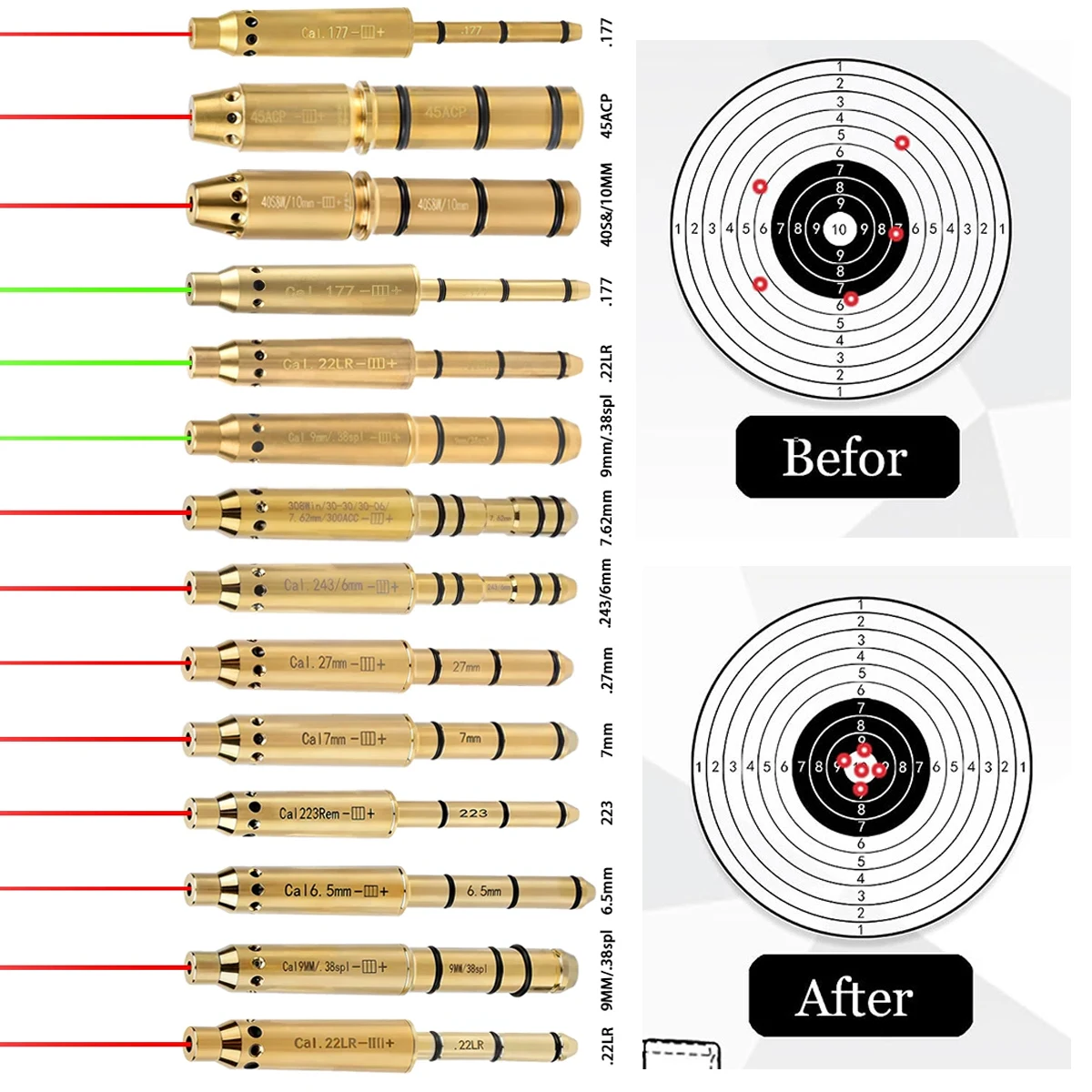 

.177 .22LR Red Laser Boresighter 7.62 9mm .38spl .223 .177 22LR Cal Training Bullets Hunting Handgun Bore Sight Tactical Shotgun