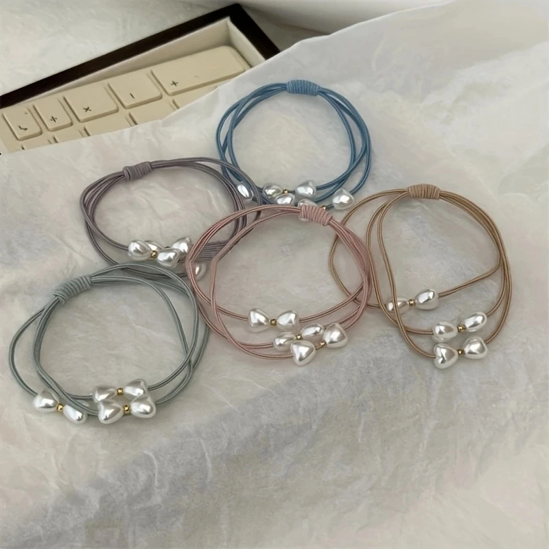 5pcs/set Pearl Hair Ties Heart Bow Beaded Rubber Bands Basic Elastic Hair Band Ponytail Holder Women Hair Accessories