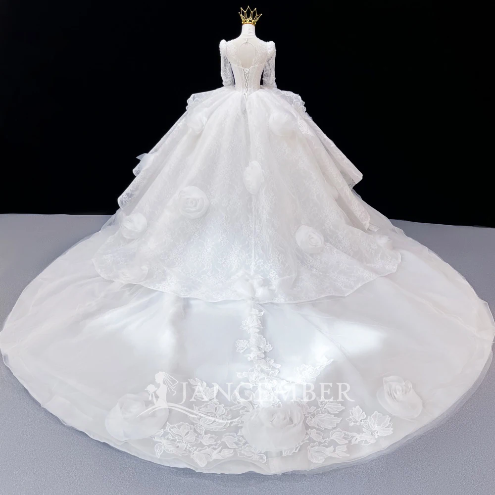 Long Sleeves Wedding Dress V-neck Customized Royal Train Bridal Gown Princess Floor-Length Ruffles Custom Vestido De Novia