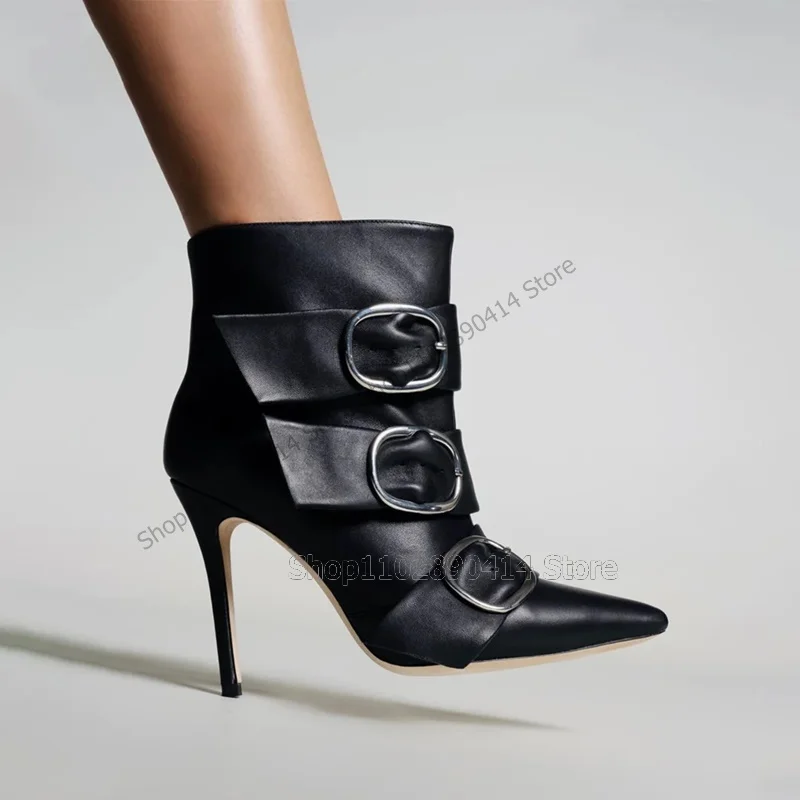 

Black Belt Fastener Decor Pointed Toe Ankle Boots Side Zipper Women Shoes Thin High Heels Novel Runway 2023 Zapatos Para Mujere