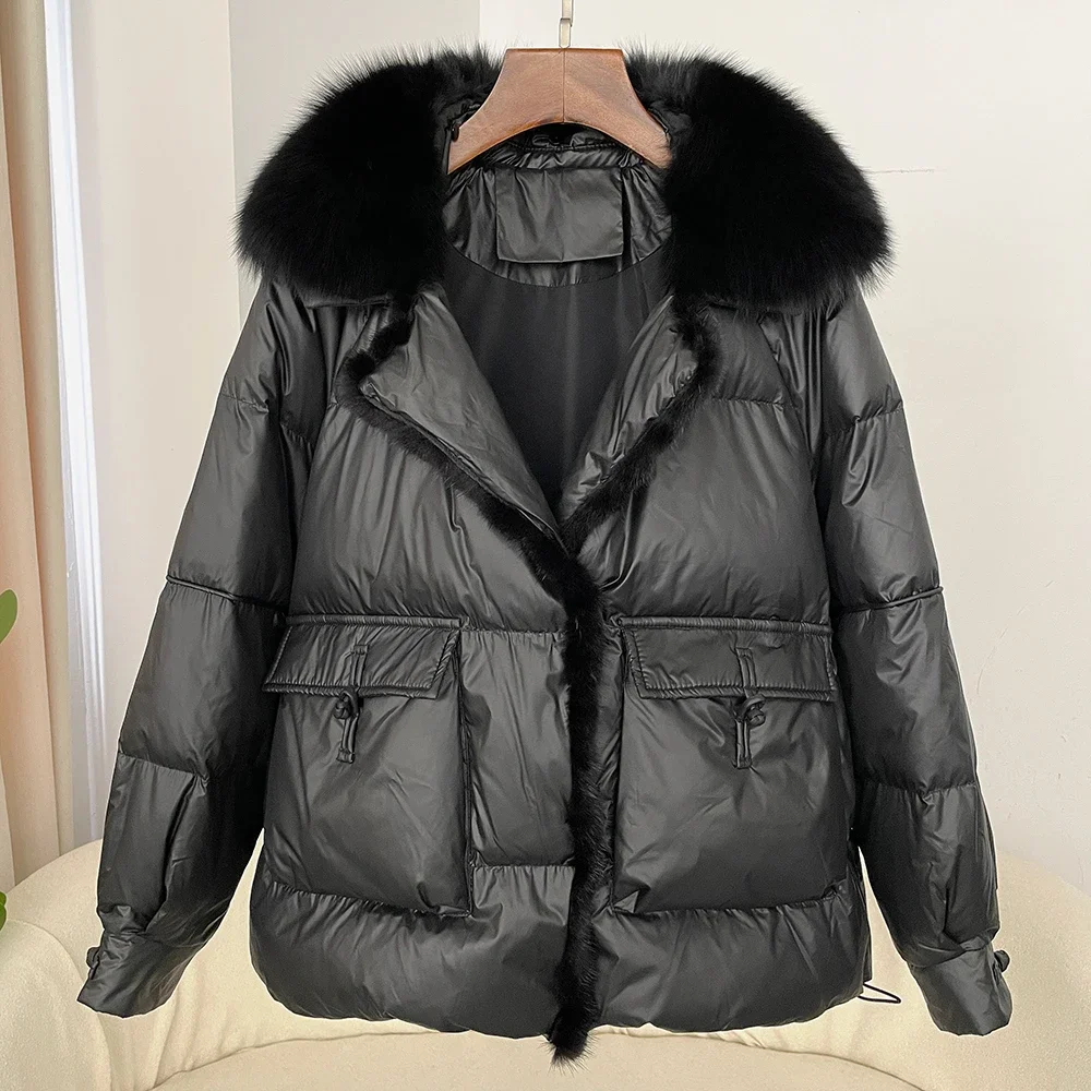 Fur Real Autumn Winter Fashion Fox Fur Collar  White Duck Down Thickened Warm Women Korean Style Loose Casual Down Jacket