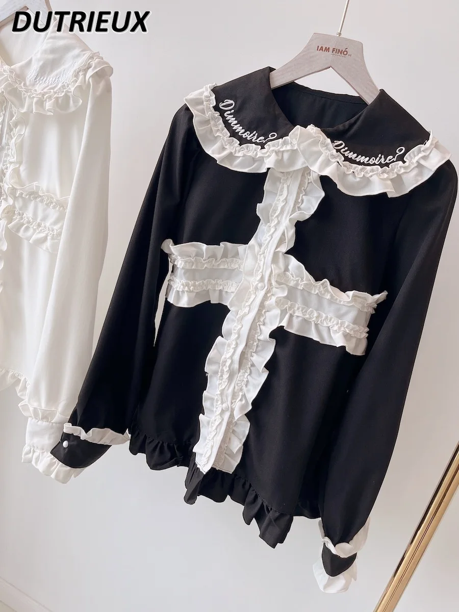 

Japanese Style Origin Color Matching Cross Wooden Ear Polo Collar Tops Lace-up Slimming Sweet Girls Long-Sleeved Shirt