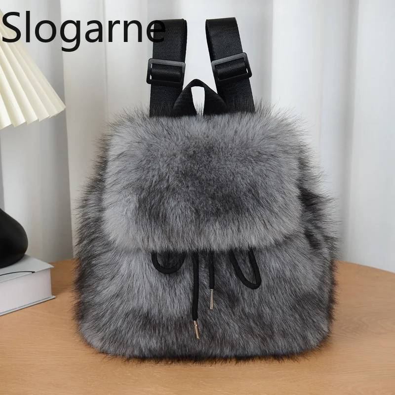المرأة فو الثعلب الفراء على ظهره الشتاء رقيق حقيبة كتف طالب عادية الرباط المغناطيسي رفرف موضة حقائب السفر المدرسية #5