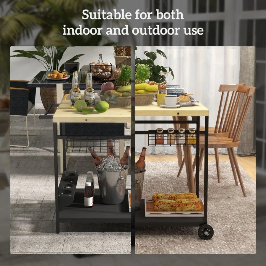 Outdoor Bar Cart Patio Rolling Serving Cart with Wheels Side Handle 2 Baskets 4 Wine Holders for Garden Dining Room Natural