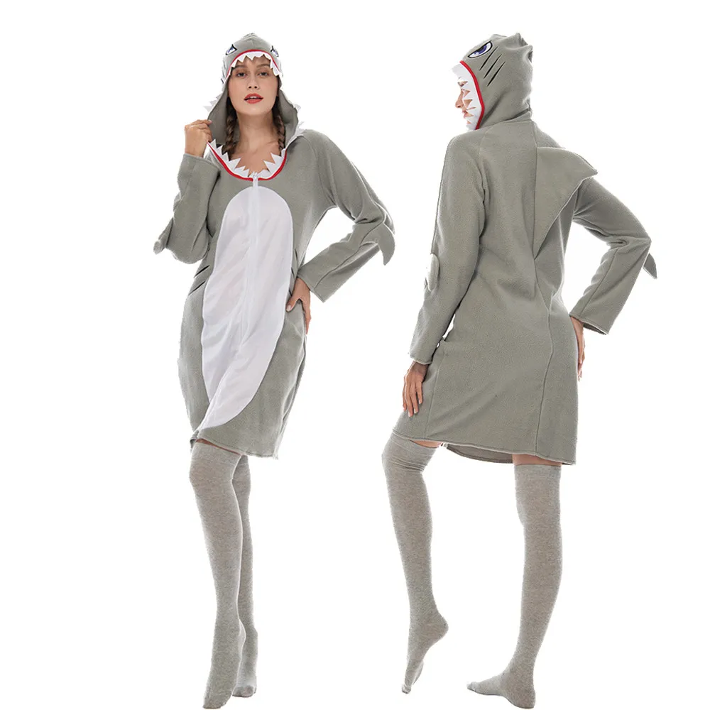 Women Funny Shark Hooded Cosplay Dresses Adult Halloween Animals Costume Carnival Easter Purim Fancy Dress