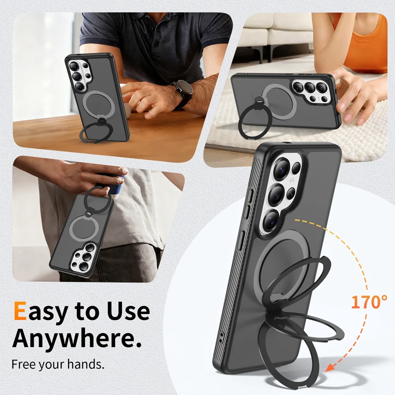 

For Samsung Galaxy S26 Ultra S26 Plus Case Frosted Multi-color Magnetic Matte PC Rotatable Metal Ring Holder Translucent Cover