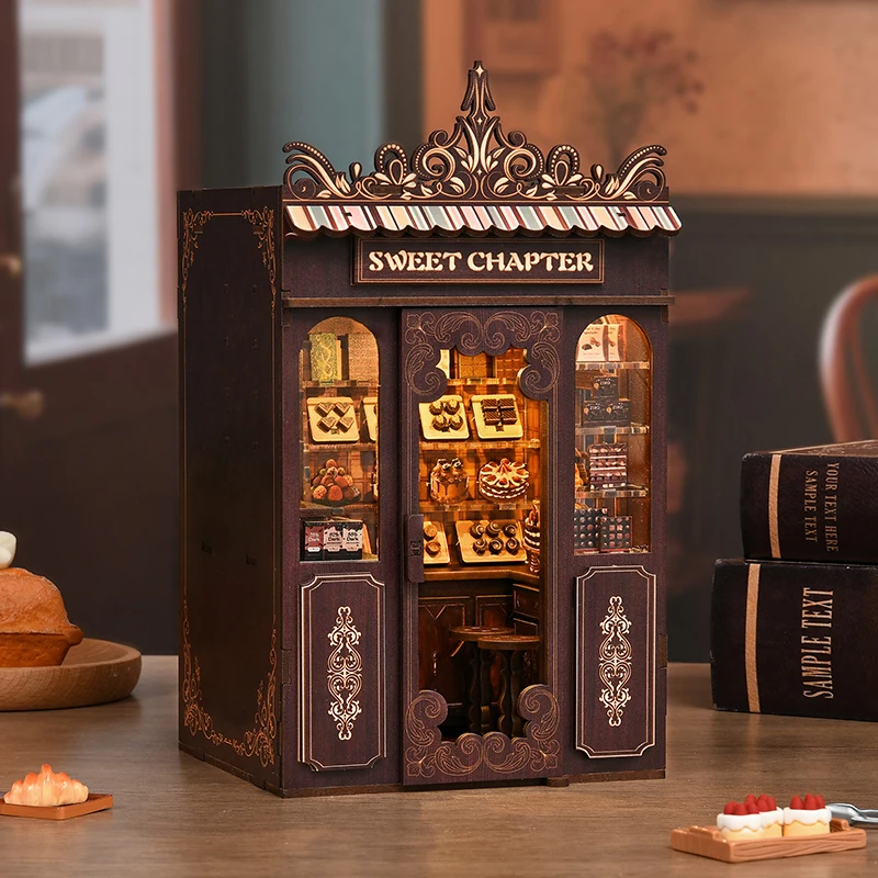 Diy livro nook kits de modelo em miniatura de madeira doce capítulo sobremesa loja estante 3d puzzle estante para amigos presentes aniversário