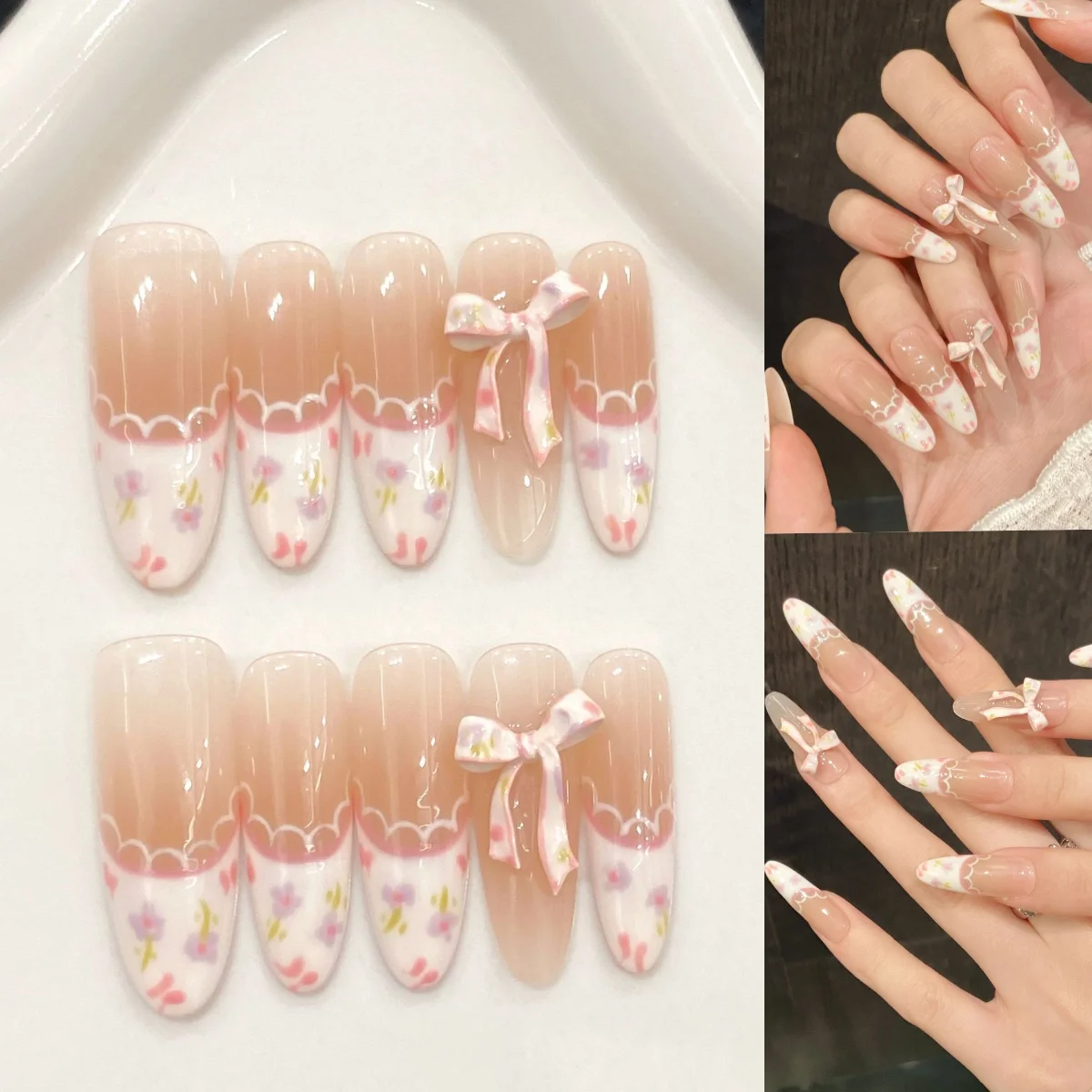 

10pcs Handmade Press On Nails Country Style Blush Long Almond Sweet False Nails Hand-painted Flower French Tip Bows Fake Nail