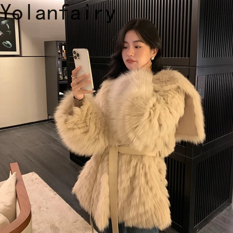 

YOLANFAIRY natural whole fox jacket woman winter luxury V-neck long sleeve commuting fashion high-end real fox fur overcoat 2025