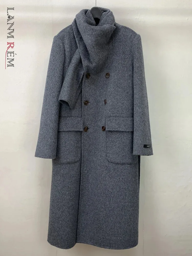 LANMREM Double-sided Cashmere Woolen Coats For Women Scarf Collar Gray Color Belt Overcoat Female Luxury Winter Clothes 2DB1582