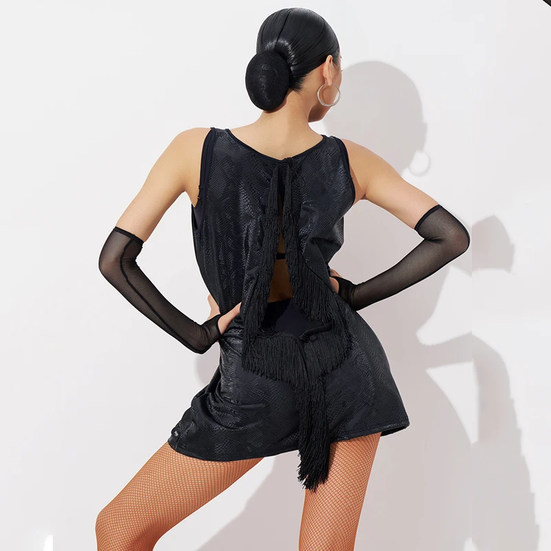 2025 High-Endชุดเต้นรําละตินผู้หญิงเซ็กซี่ชุดจีบสีดําผู้ใหญ่หญิงSamba Chacha Tango Latinเครื่องแต่งกายประสิทธิภาพ