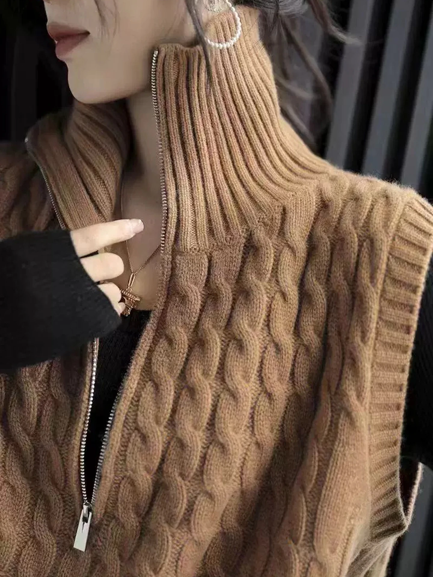 Herbst hochgeschlossene Strickweste mit halbem Reißverschluss, Damenpullover aus reinem Kaschmir, dicke Herbst- und Winter-Twist-Pullover-Weste