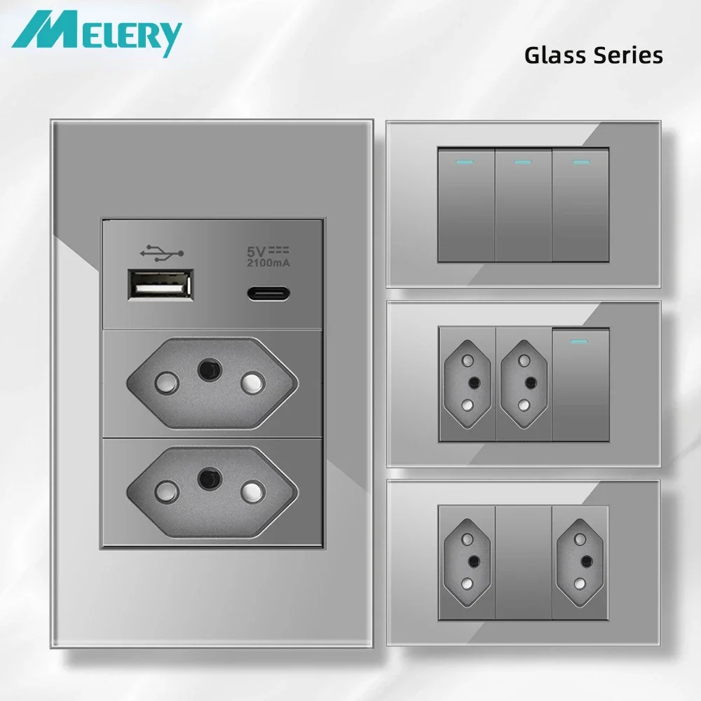 

Розетка Melery Brazil, двойной USB-тип C, 10/20 Вт, Швейцария, настенная розетка, выключатель света, 118 мм, 20 А, панель из закаленного серого стекла, домашний офис