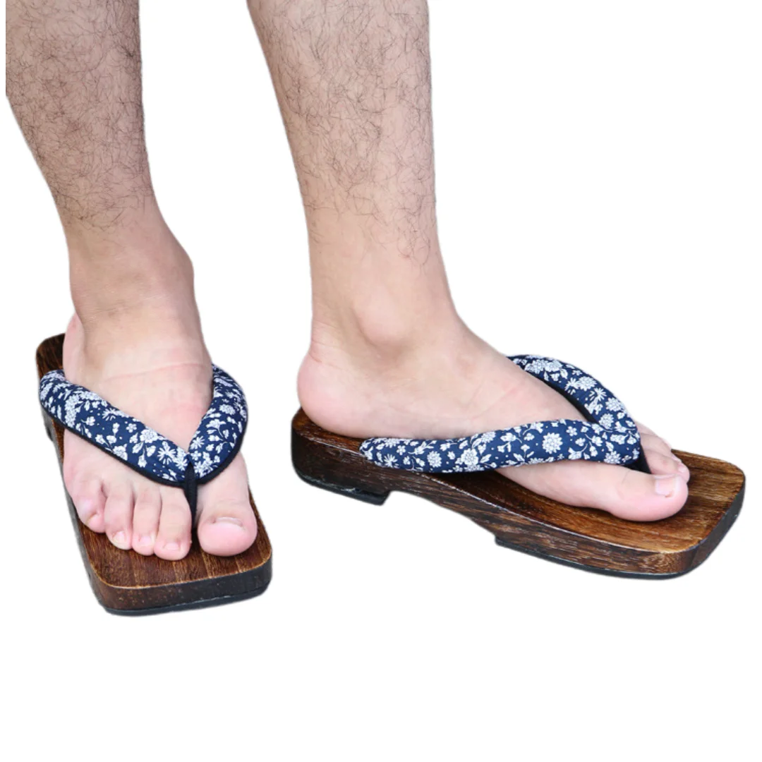 

2026 New Men's Vintage Geta Clogs Blue Floral Print Wooden Thong Sandals Flip Flops for Summer