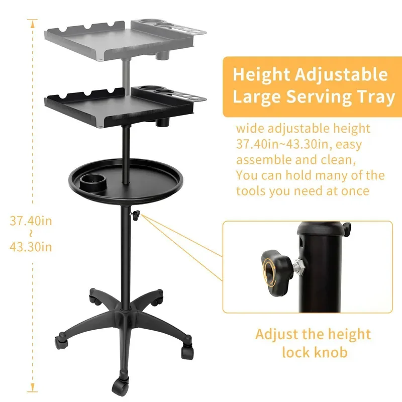 Adjustable Mobile Hair Cart with Double Tray for Salon Barber Shop Home Use Professional Storage Rack Trolley Tool Organizer