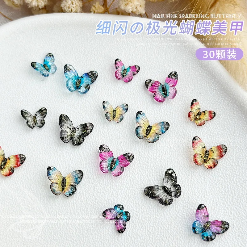 30Pcs Nail Resin Butterfly Shaped Charms 6 Colors 6x8mm/8x10mm Nail Art Shimmer Aurora Butterfly Stones DIY Crafts