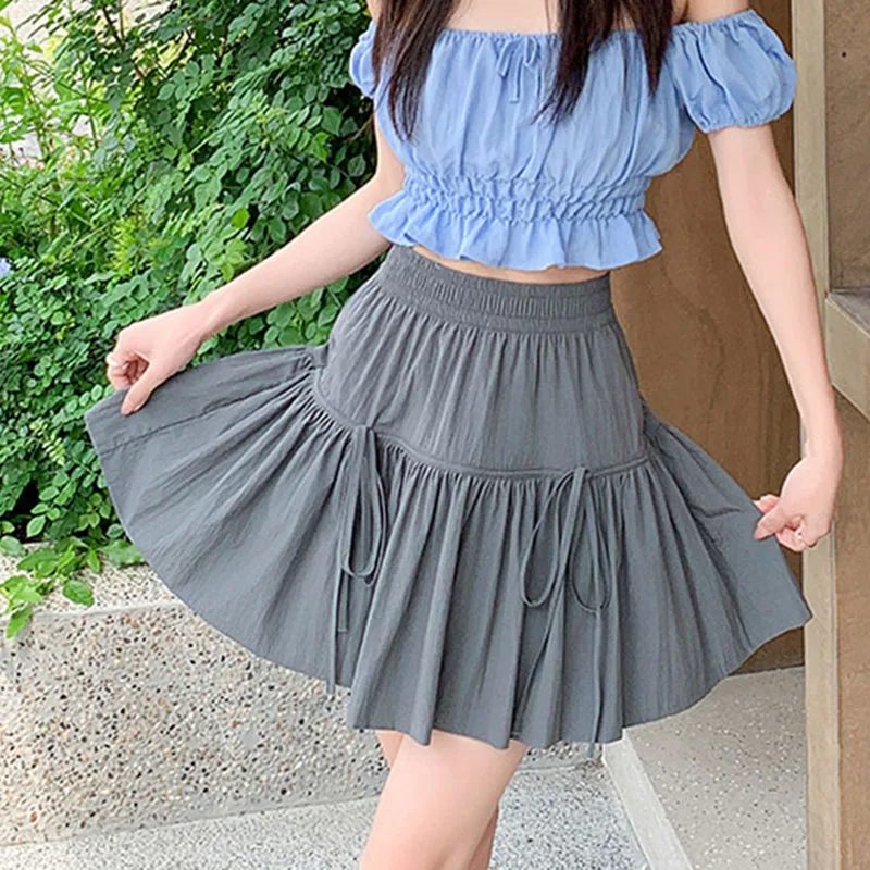 

Women's Fashion Patchwork Mini Skirt Sweet Lovely Bow Lace-Up A-Line Skirts for Woman Summer New Korean High Waist Short Skirts
