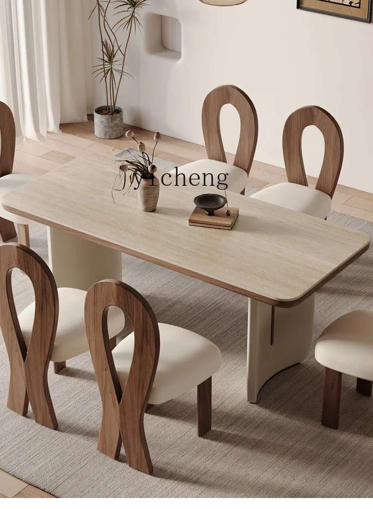 HXL Cream Wind Cave Stone Rock Plate Solid Wood Dining Table and Chair Combination Rectangular Dining