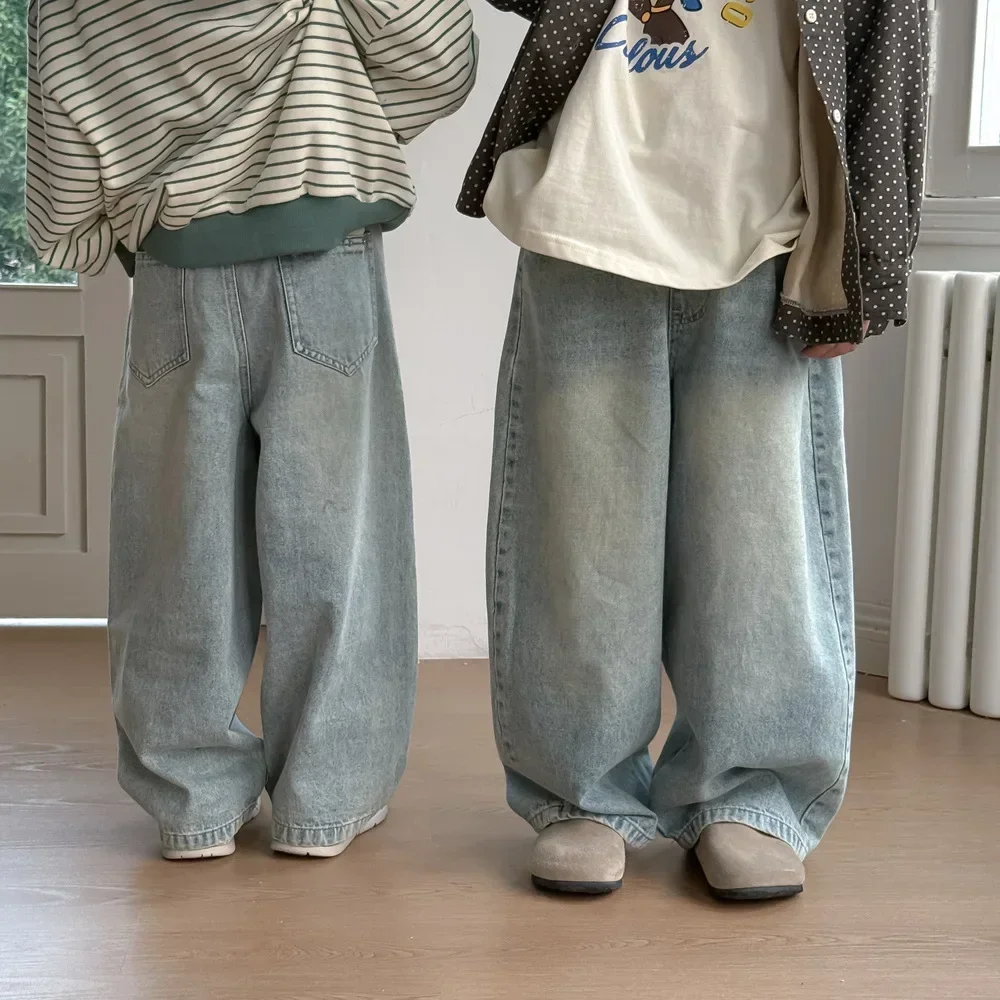 

Children Clothes Kids Loose Pants 2025 Spring Boys and Girls Korean Style Solid Color Loose Casual Denim Straight Leg Pants