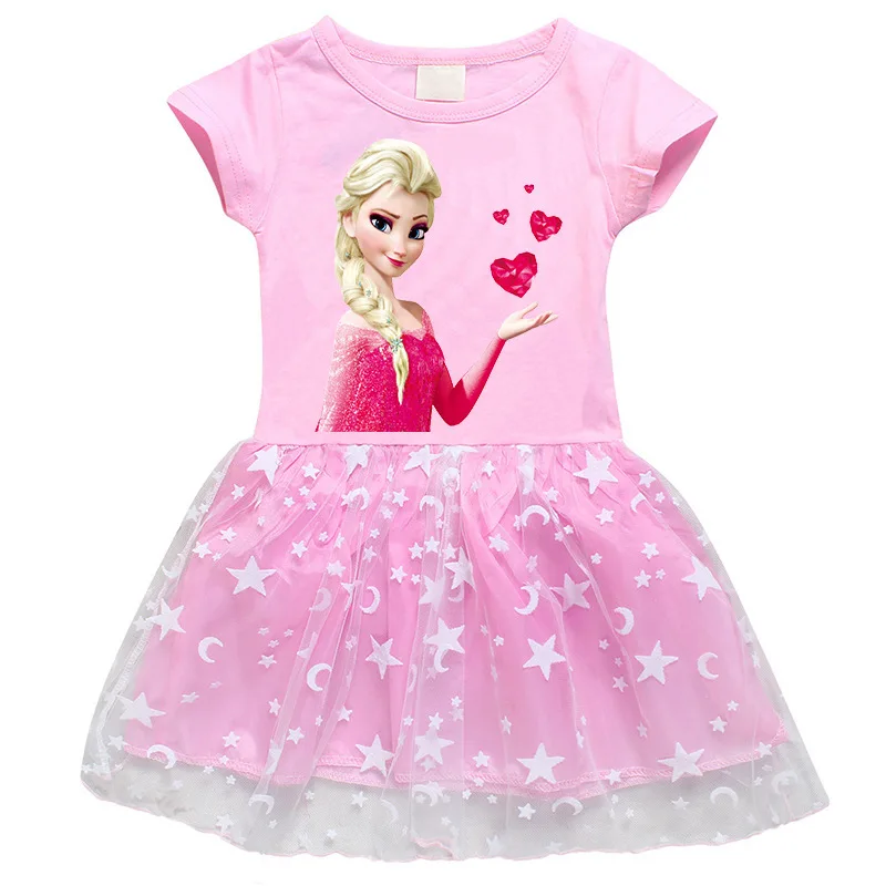 

MINISO Frozen New European and American Girls Dress Cotton 3D Printed Cartoon Stars and Moon Mesh Short Sleeve Princess Skirt