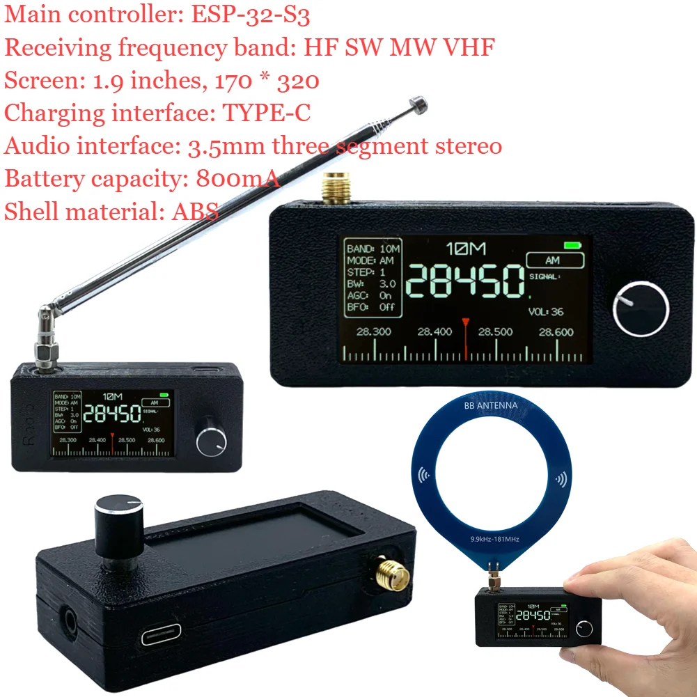 SI4732 0.5-108mhz Portable Radio 1.9inch IPS Screen All Band Radio Receiver with Telescopic Antenna HF SW MW VHF Radio