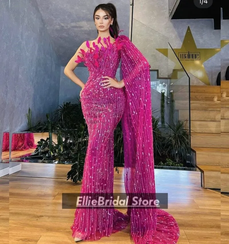 

Exquisite Purple Evening Dresses African Girls One Sleeve Sequin Flowers Wedding Party Dress Long Mermaid Prom Gowns Customized