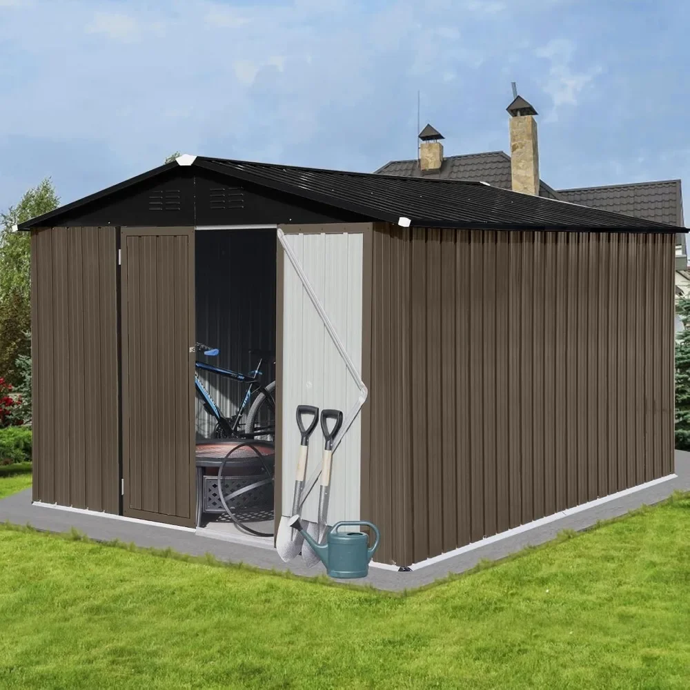 10x8 FT Outdoor Storage Shed, Galvanized Metal Garden Storage Shed, Waterproof Garden Tool Shed Storage, Slooping Roof