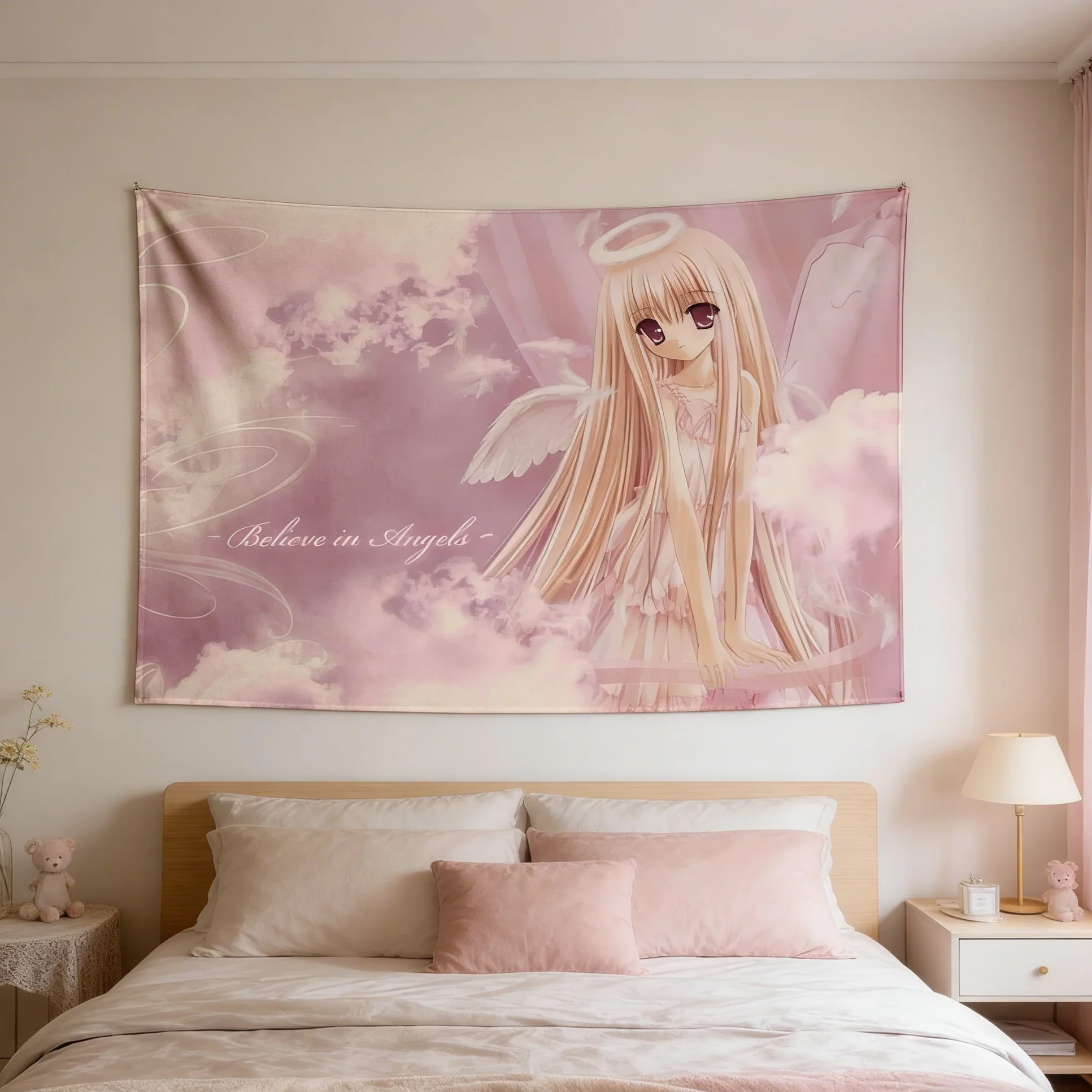 1pc Angelic Kawaii Angel Girl Tapestry 2D Polyester Flat Print Pink Cloud Wall Hanging Decor for Bedroom Living Room Gift