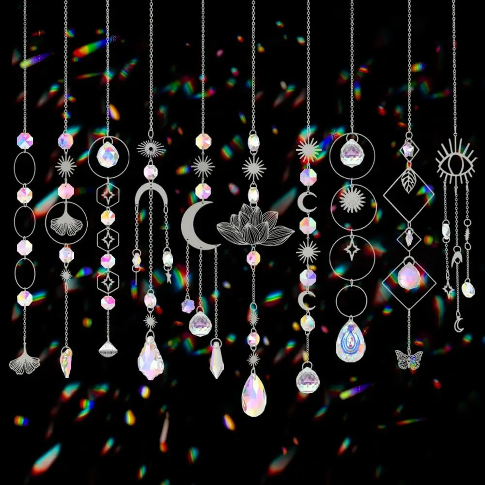10-piece crystal sunlight-catching prism hanging set with chain, rainbow-making crystal ball pendant decoration