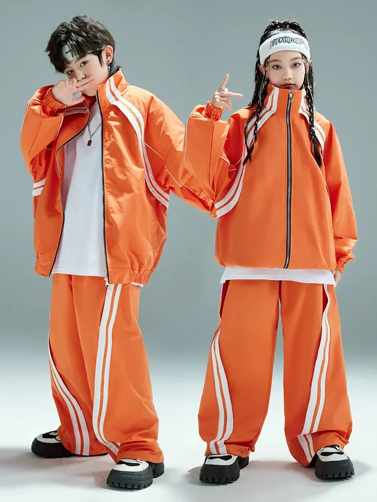 Gilrs dança de rua solto casaco streetwear crianças jazz outfit criança uniforme escolar hip hop meninos gola alta jaqueta calças esportivas