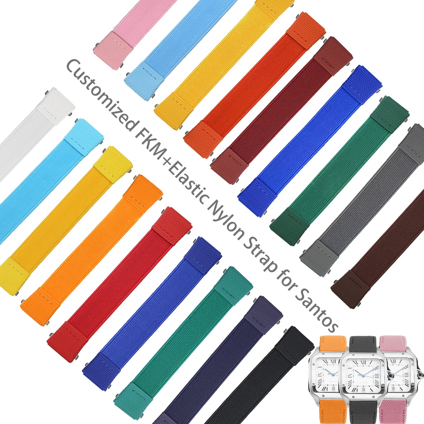 For Cartier Santos M/L Series Watch band FKM rubber Elastic Nylon strap Handmade Custom Band 19mm 21mm Replacement Wristband
