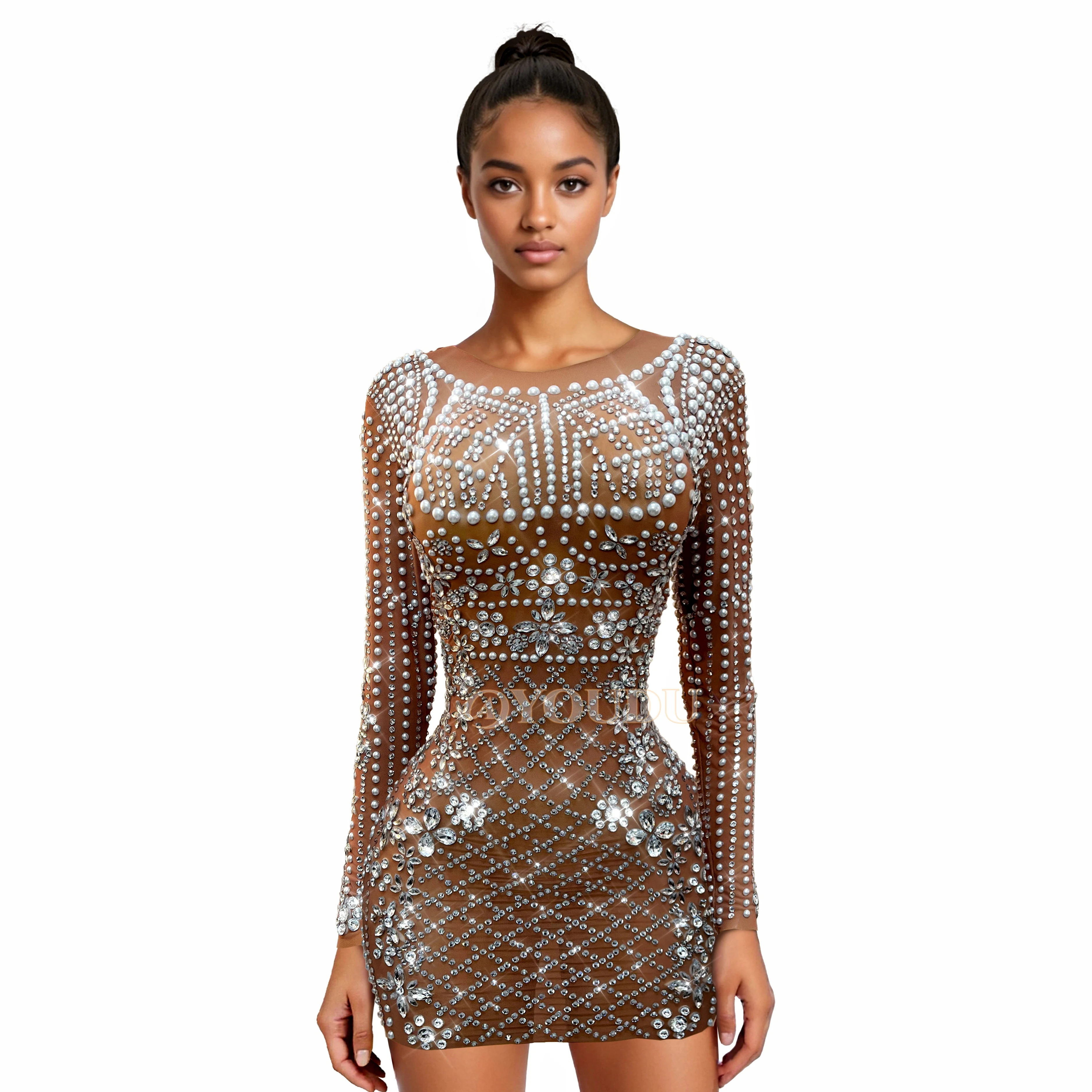 

Exquisite Handmade Shining Rhinestones Pearls Sexy Nude Mesh Trim fit Dress Party Evening Gown Fashion Show Outfit Wanggezhenzhu